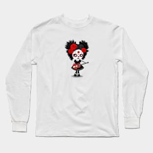 Sugar Skull Girl Playing Latvian Flag Guitar Long Sleeve T-Shirt